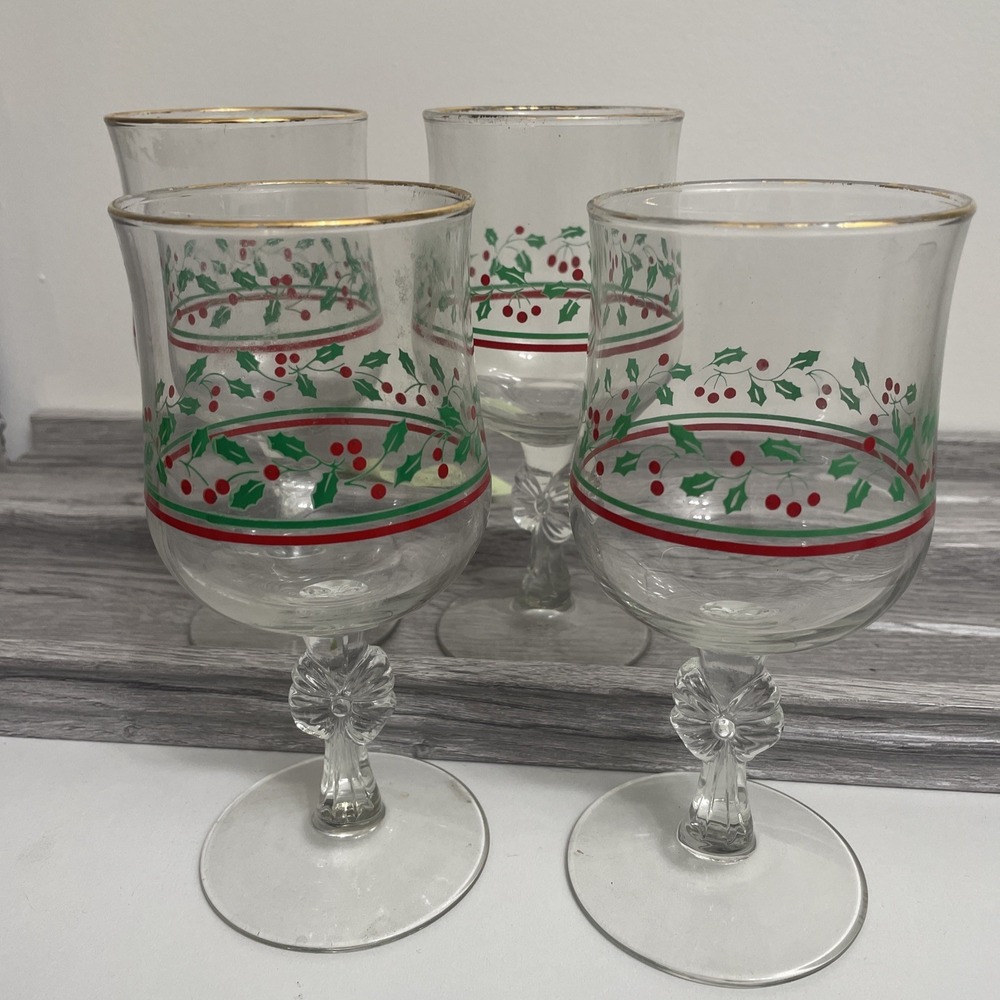 Arby's Christmas holiday Glasses Gold Rim‎ Holly Berries Set of 6  10oz 1986